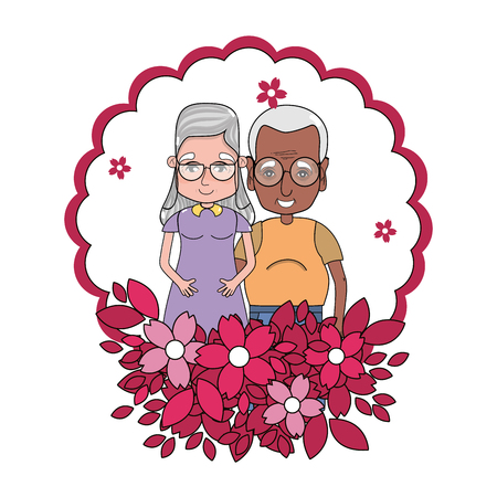 cute grandparents couple flowers round icon cartoon vector illustration graphic designのイラスト素材