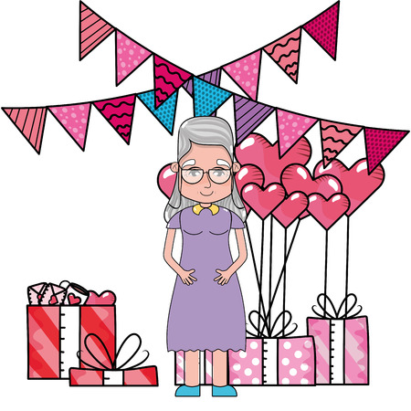 cute grandmother at valentines day between gifts and heart balloons cartoon vector illustration graphic designのイラスト素材