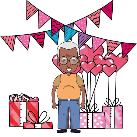 cute grandfather at valentines day between gifts and heart balloons cartoon vector illustration graphic designのイラスト素材