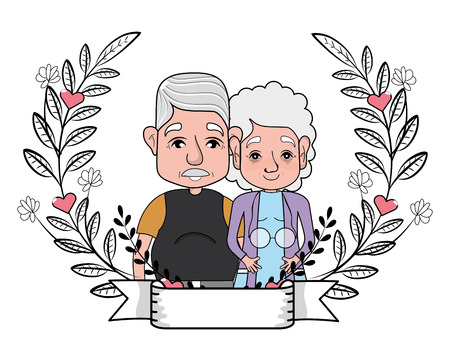 cute grandparents couple at flowers wreath with banner cartoon vector illustration graphic designのイラスト素材