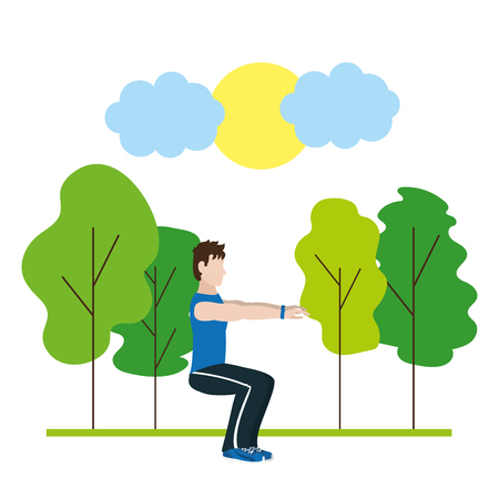 fit man doing exercise in the park cartoon vector illustration graphic designのイラスト素材