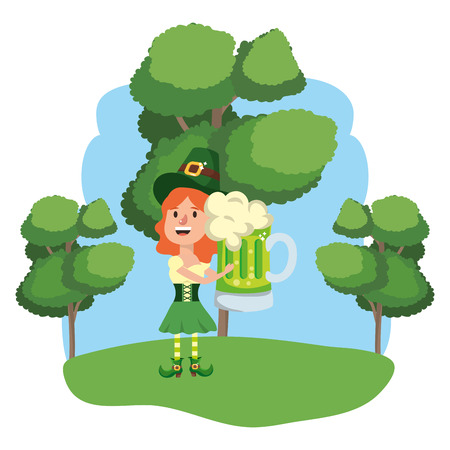 leprechaun with beer female wooded landscape vector illustration graphic designのイラスト素材