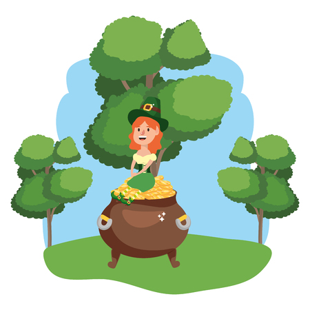 leprechaun with pot of gold female wooded landscape vector illustration graphic designのイラスト素材