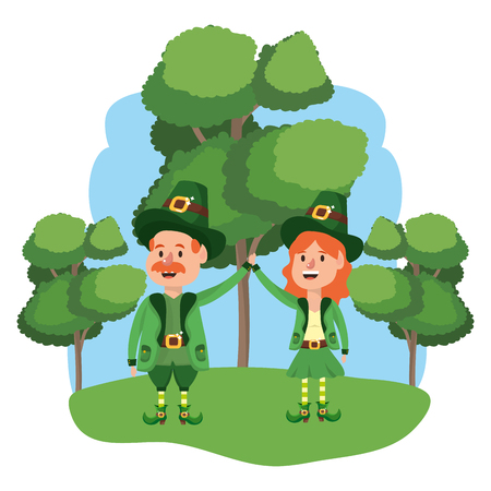 leprechaun couple with trees wooded landscape vector illustration graphic designのイラスト素材