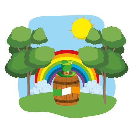 barrel with irish flag and hat rainbow wooded landscape vector illustration graphic designのイラスト素材