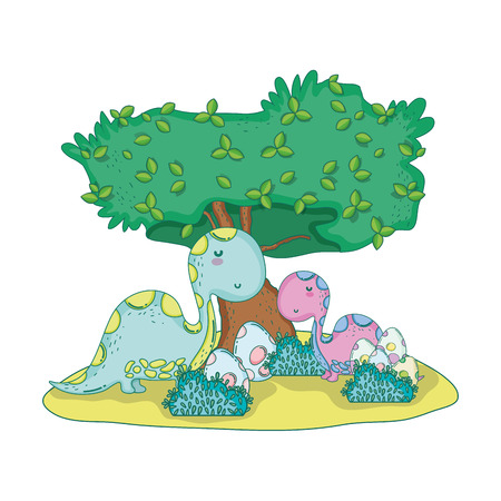 cute apatosaurus couple with tree in the landscape vector illustration designのイラスト素材
