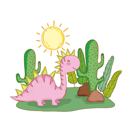 cute apatosaurus with cactus in the landscape vector illustration designのイラスト素材