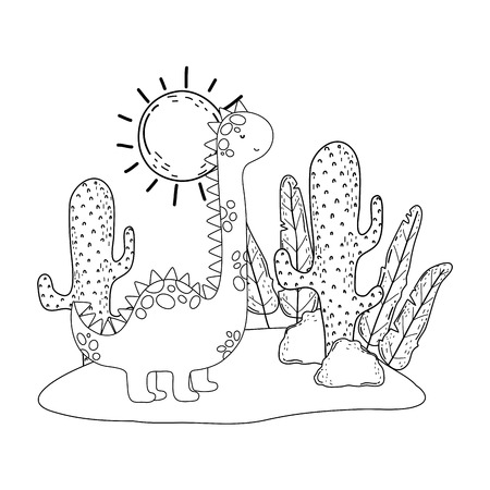 cute apatosaurus with cactus in the landscape vector illustration designのイラスト素材