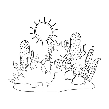 cute apatosaurus with cactus in the landscape vector illustration designのイラスト素材