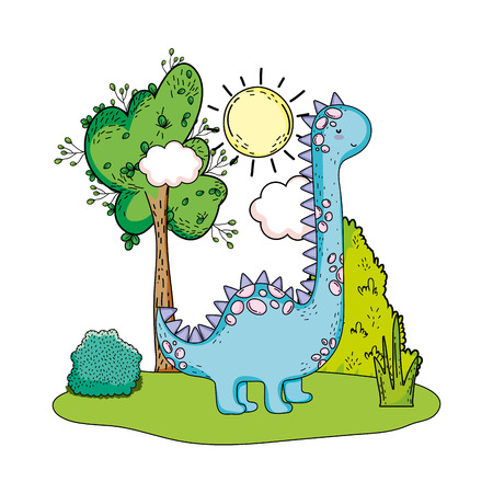 cute apatosaurus with tree in the landscape vector illustration designのイラスト素材