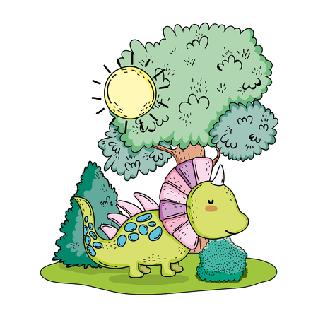 cute dinosaur with tree in the landscape vector illustration designのイラスト素材