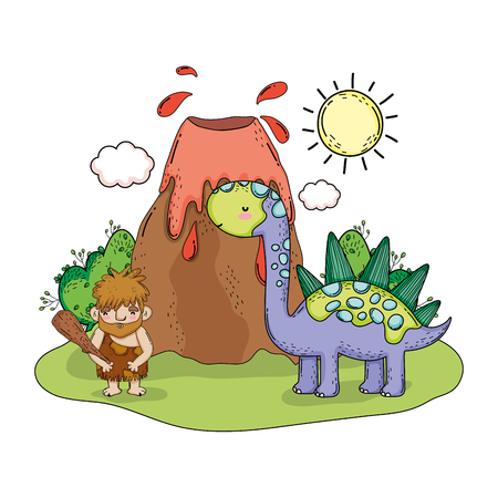 caveman with dinosaur in the landscape and volcano vector illustrationのイラスト素材