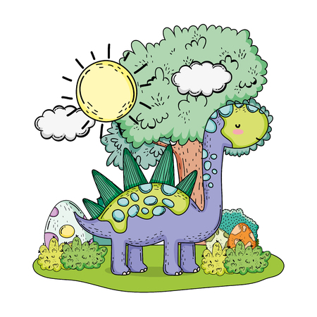 cute apatosaurus with tree in the landscape vector illustration designのイラスト素材