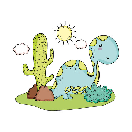 cute apatosaurus with cactus in the landscape vector illustration designのイラスト素材