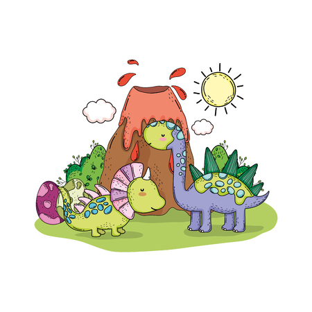 cute dinosaur with volcano landscape vector illustration designのイラスト素材