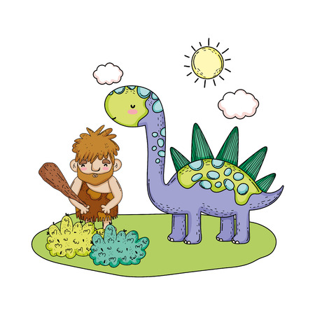 caveman with dinosaur in the landscape vector illustration designのイラスト素材