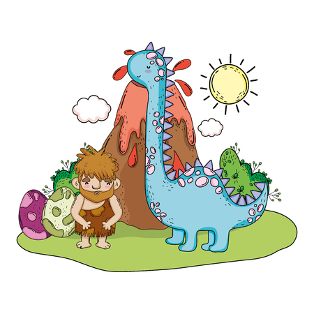 caveman with dinosaur in the landscape and volcano vector illustrationのイラスト素材