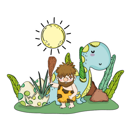 caveman with dinosaur in the landscape vector illustration designのイラスト素材