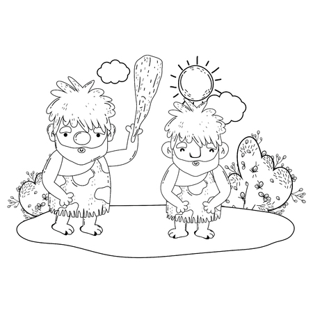 cavemen comic in the landscape vector illustration designのイラスト素材