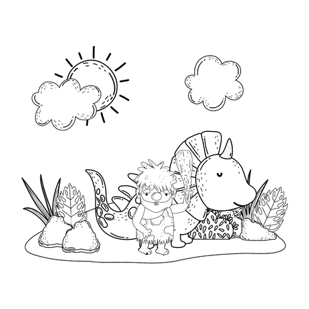 caveman with dinosaur in the landscape vector illustration designのイラスト素材