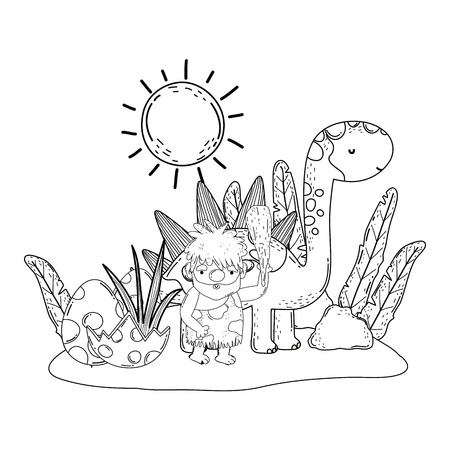 caveman with dinosaur in the landscape vector illustration designのイラスト素材