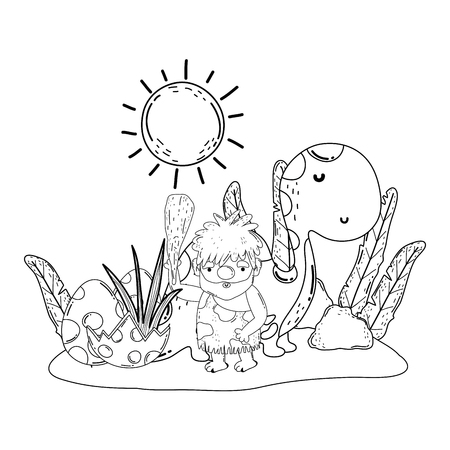 caveman with dinosaur in the landscape vector illustration designのイラスト素材