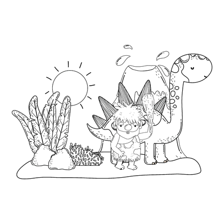 caveman with dinosaur in the landscape and volcano vector illustrationのイラスト素材