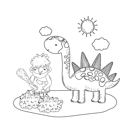 caveman with dinosaur in the landscape vector illustration designのイラスト素材