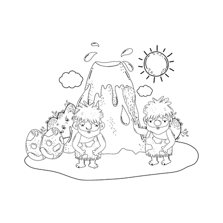 cavemen comic in the landscape with volcano vector illustration designのイラスト素材