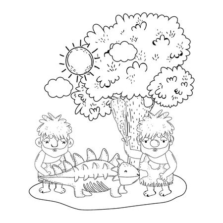 cavemen comic in the landscape vector illustration designのイラスト素材