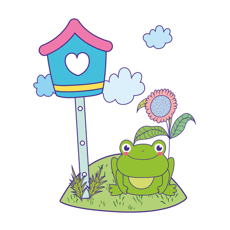 cute toad in the landscape with birdhouse vector illustration designのイラスト素材