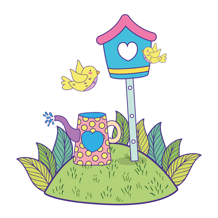 cute and little birds flying around birdhouse vector illustration designのイラスト素材