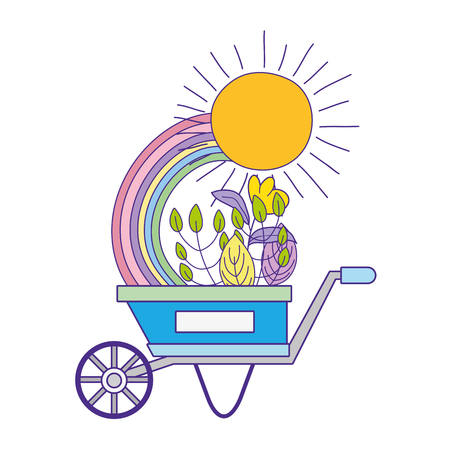 cute wheelbarrow gardening with flowers and rainbow vector illustrationのイラスト素材