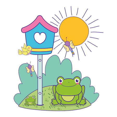 cute toad in the landscape with birdhouse vector illustration designのイラスト素材