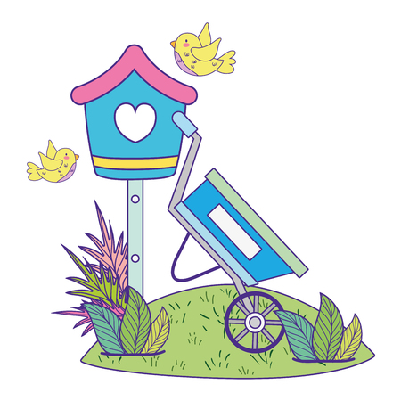 cute and little birds flying around birdhouse vector illustration designのイラスト素材