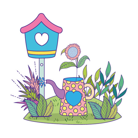 cute birdhouse with garden and sprinkler vector illustration designのイラスト素材