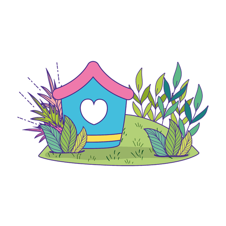 cute birdhouse wooden with garden scene vector illustration designのイラスト素材