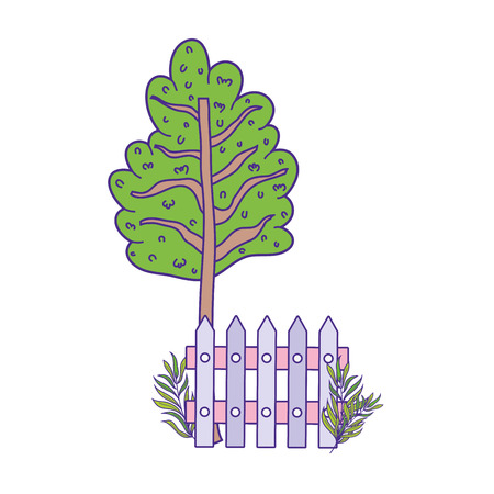 cute tree plant with fence scene vector illustration designのイラスト素材