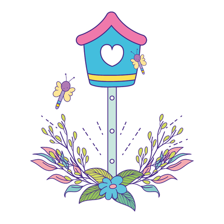 cute birdhouse wooden with leafs vector illustration designのイラスト素材