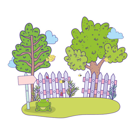 cute arrow guide wooden with tree in landscape vector illustration designのイラスト素材