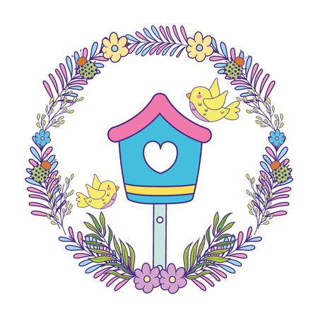 cute and little birds flying around birdhouse vector illustration designのイラスト素材