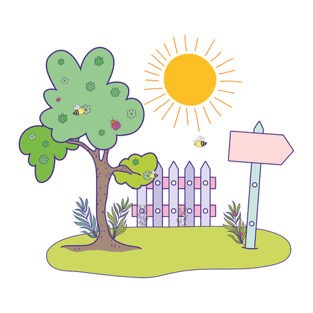 cute arrow guide wooden with fence scene vector illustration designのイラスト素材