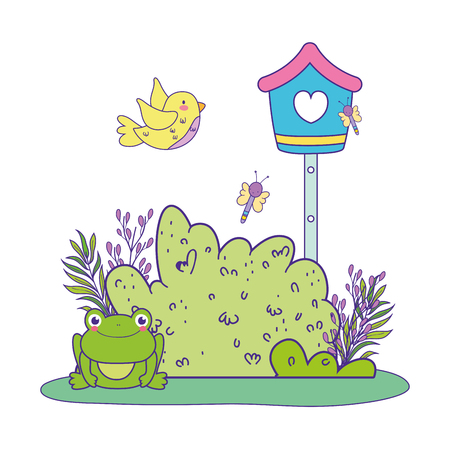 cute toad in the landscape with birdhouse vector illustration designのイラスト素材