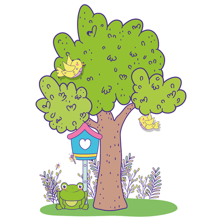 cute toad in the landscape with birdhouse vector illustration designのイラスト素材