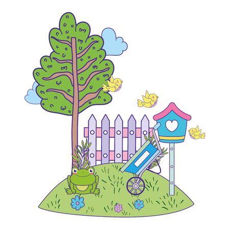cute and little birds flying around birdhouse vector illustration designのイラスト素材