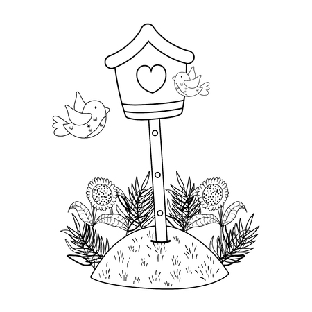 cute and little birds flying around birdhouse vector illustration designのイラスト素材