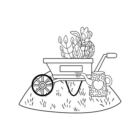 cute wheelbarrow gardening with flowers garden vector illustration designのイラスト素材