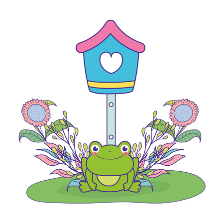 cute toad in the landscape with birdhouse vector illustration designのイラスト素材