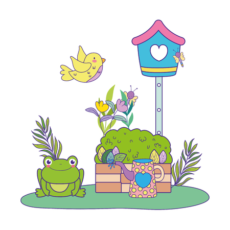cute toad in the landscape with birdhouse vector illustration designのイラスト素材