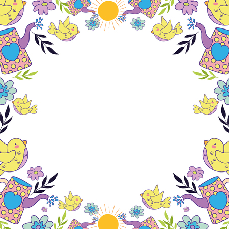 little bird flying with flowers garden pattern vector illustration designのイラスト素材